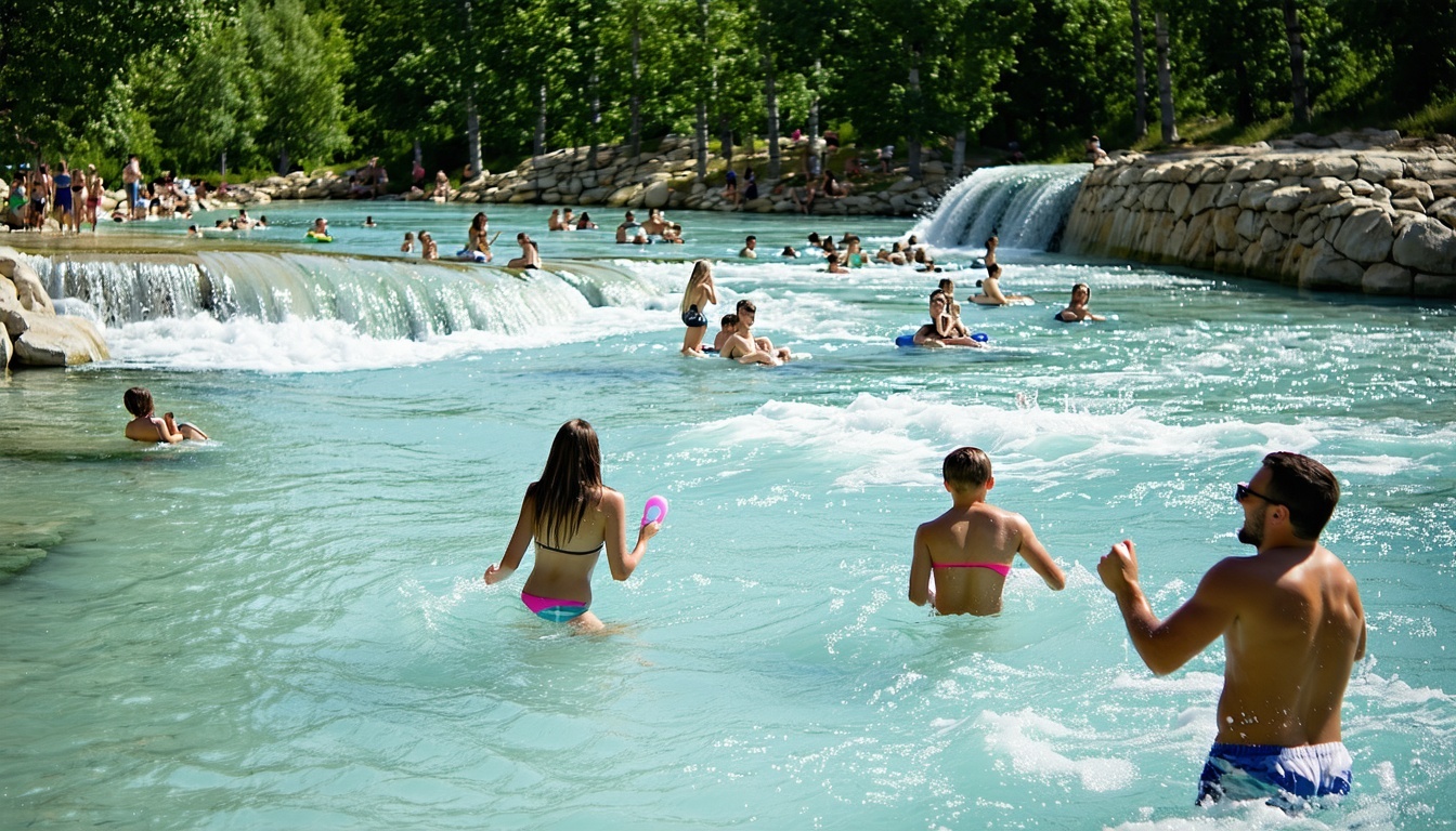 Families enjoying a lazy river under the sun
