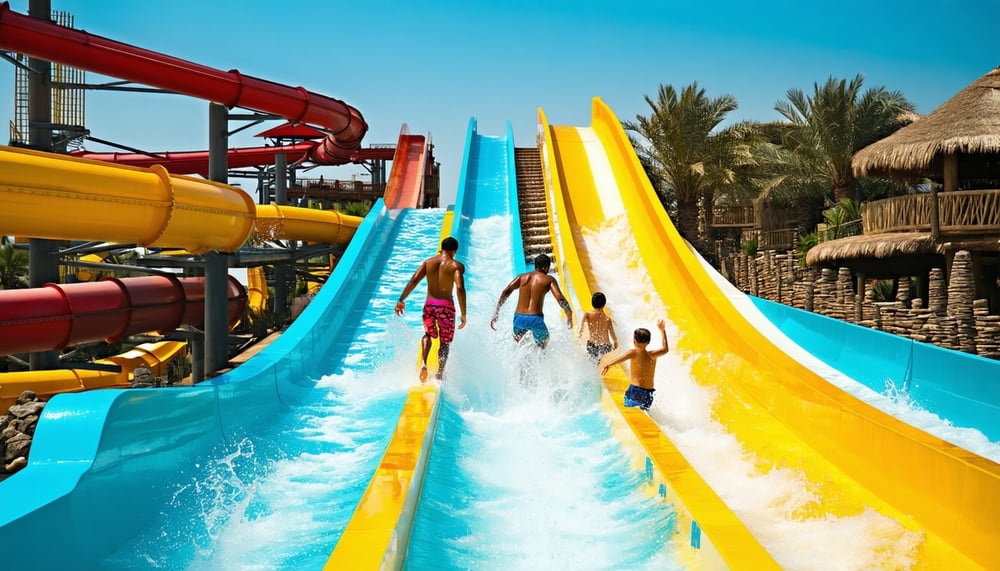Families enjoying thrilling water slides at a Dubai water park Families enjoying thrilling water slides at a Dubai water park