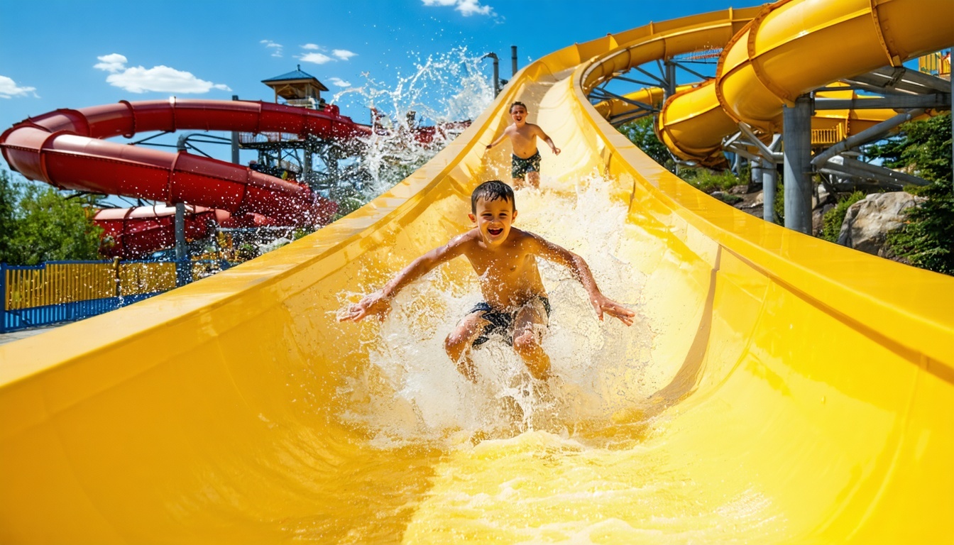Family enjoying slides at a vibrant water park