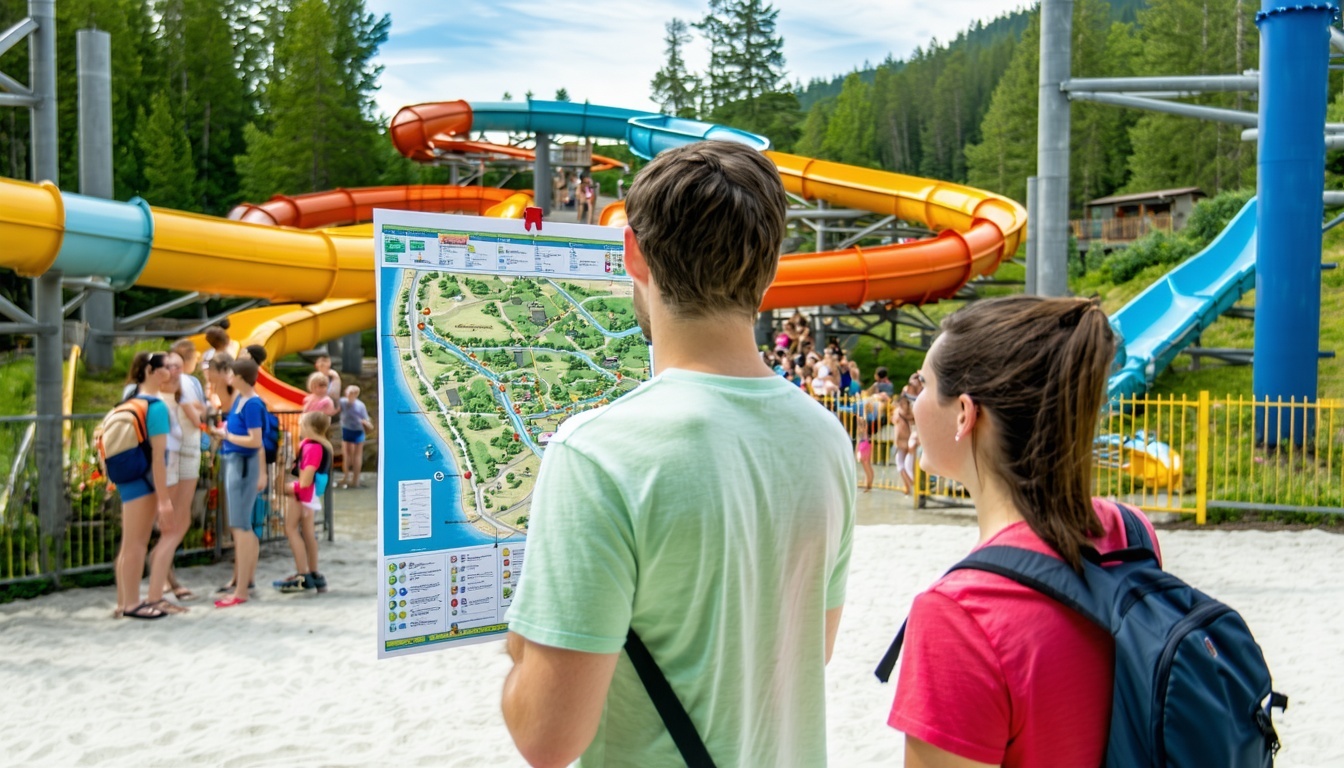 Visitors consulting a map and tips guide at a water park entrance